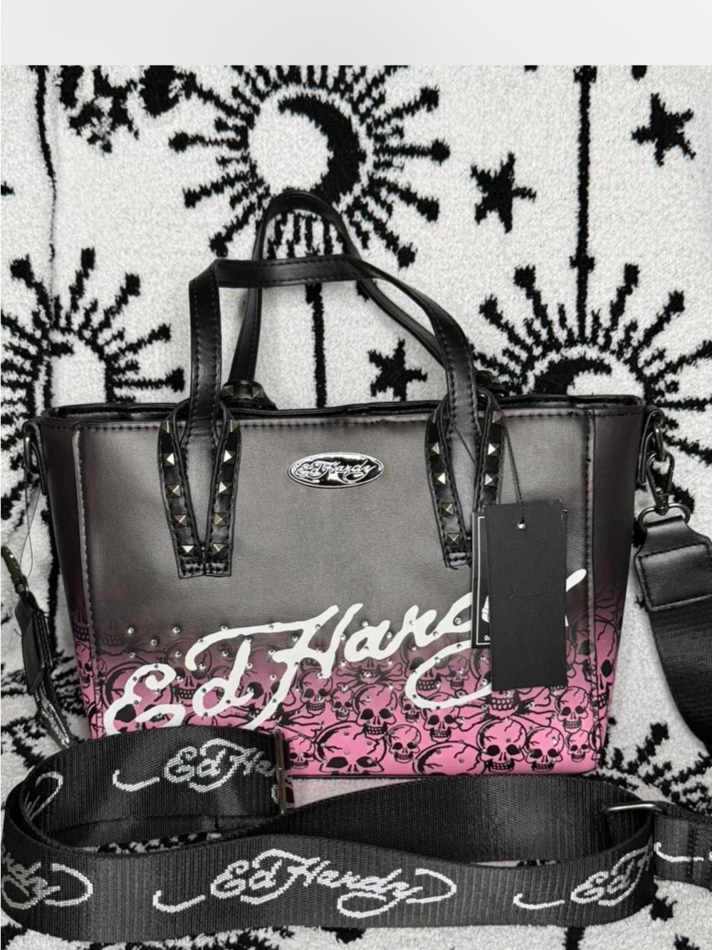 Ed Hardy Black and Pink Skull Logo Shoulder Bag